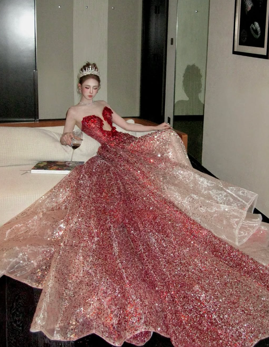 Mermaid Sweetheart Neck Red Ombre Sequin Tulle Long Prom Dress Graduation Prom Dress SH2460
