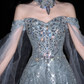Shiny Exquisite Beaded A Line Off the Shoulder Grey Tulle Long Evening Dress Ball Gown SH3488