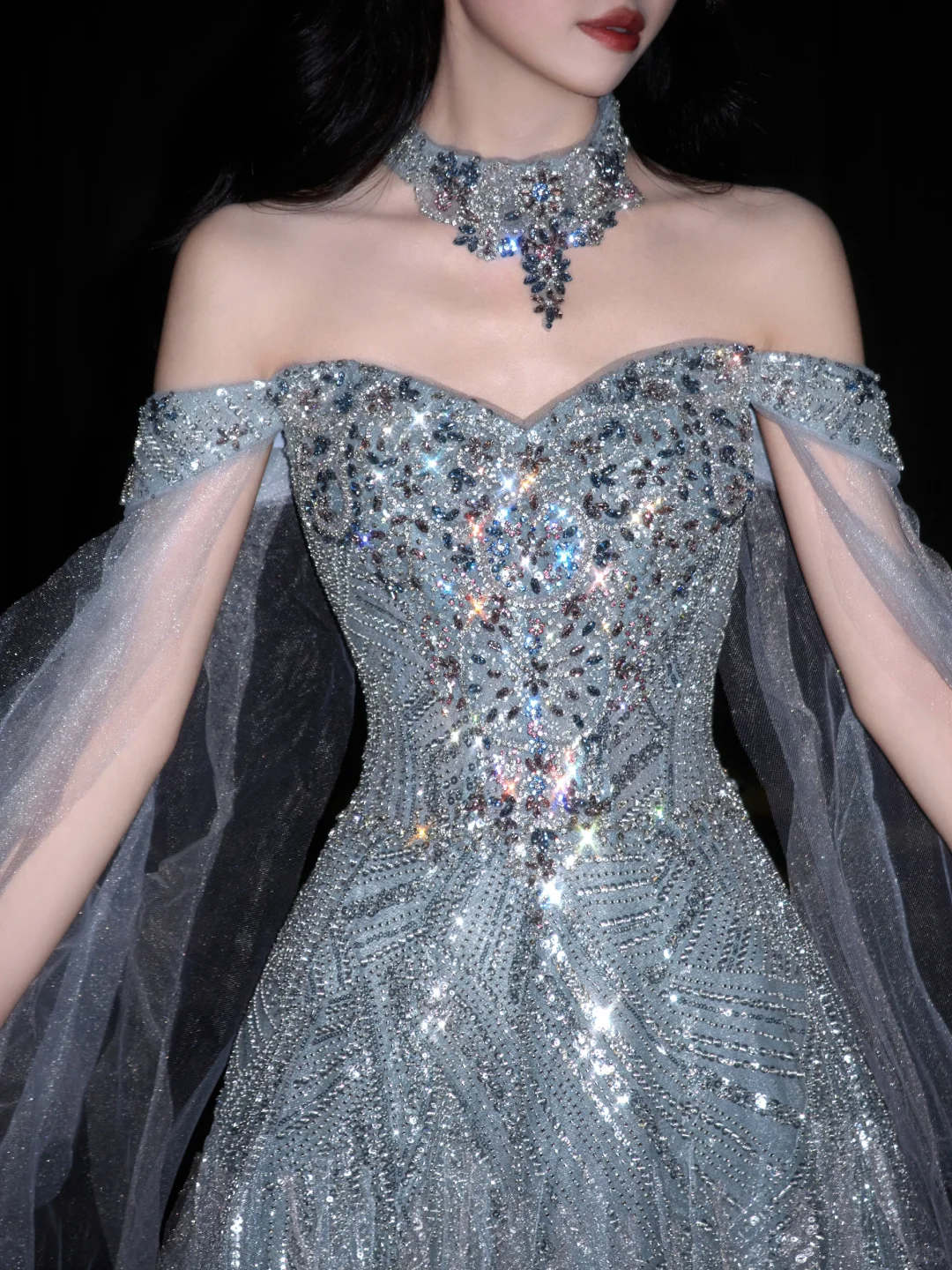 Shiny Exquisite Beaded A Line Off the Shoulder Grey Tulle Long Evening Dress Ball Gown SH3488