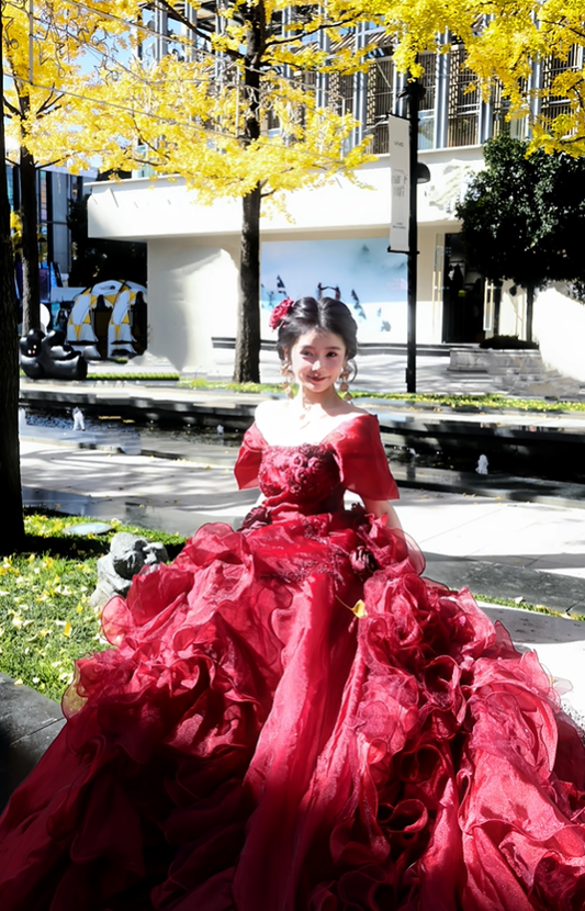 Burgundy Ball Gown Off the Shoulder Beaded Floral Organza Graduation Ball Gown 18th Birthday Dress SH4982