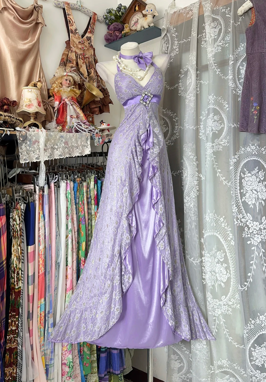 Lilac Vintage A Line Halter Lace Satin Open Back Long Prom Dress SH5239
