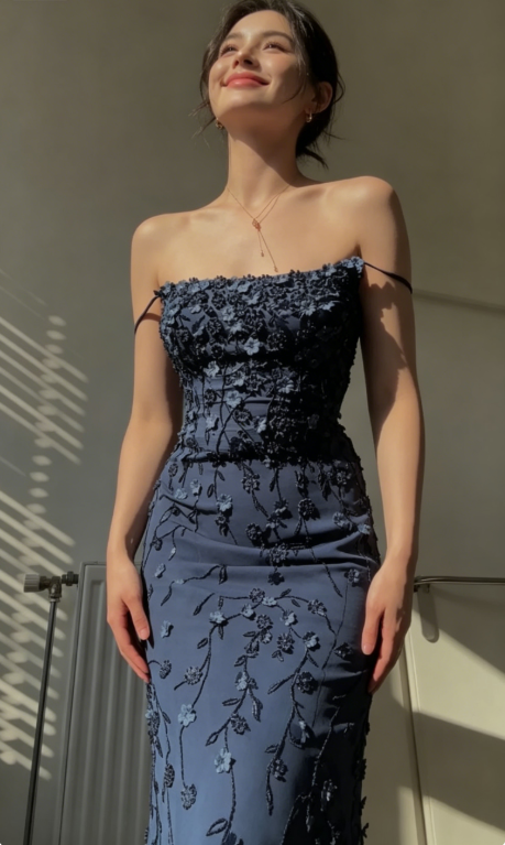 Vintage Navy Blue Spaghetti Straps Prom Dress Sexy Mermaid Evening Dress SH1208