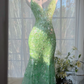 Green Fairy Mermaid V Neck Shiny Sequin Beaded Tulle Backless Graduation Prom Dress SH5342