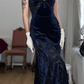 Vintage Sheath Spaghetti Strap Dark Blue Lace Velvet Prom Dress Evening Dress SH6076