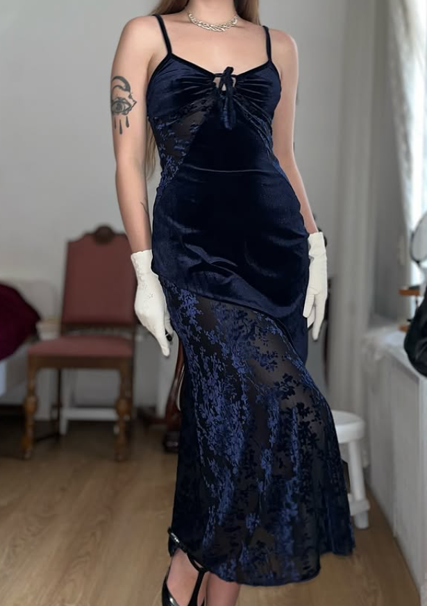 Vintage Sheath Spaghetti Strap Dark Blue Lace Velvet Prom Dress Evening Dress SH6076
