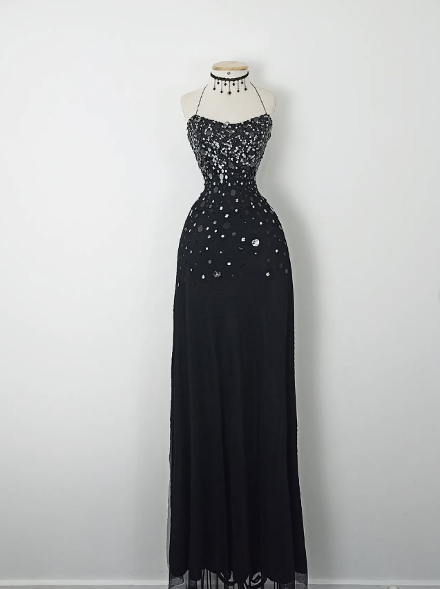 Retro A Line Spaghetti Strap Black Sequin Chiffon Evening Dress Party Dress SH3165