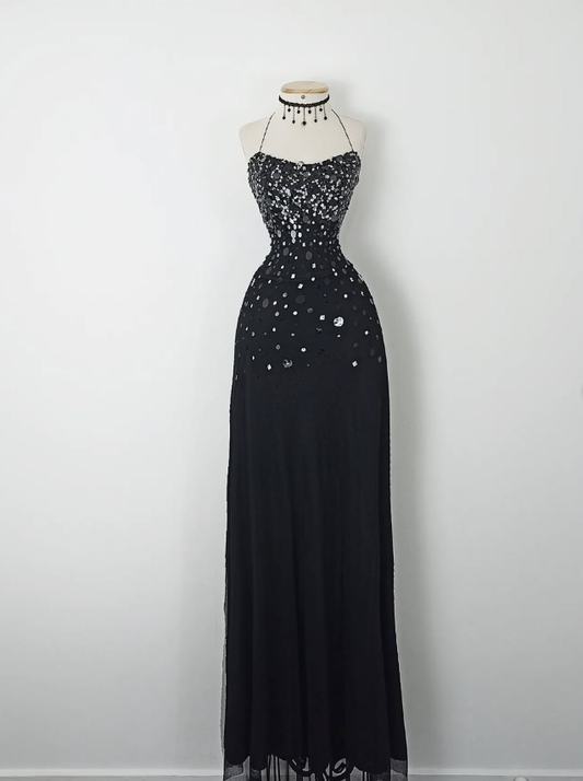 Retro A Line Spaghetti Strap Black Sequin Chiffon Evening Dress Party Dress SH3165