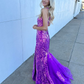 Pretty Mermaid Spaghetti Straps Purple Sequin Tulle Long Prom Dress Evening Dress SH6782