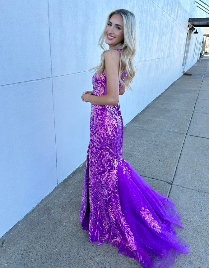 Pretty Mermaid Spaghetti Straps Purple Sequin Tulle Long Prom Dress Evening Dress SH6782