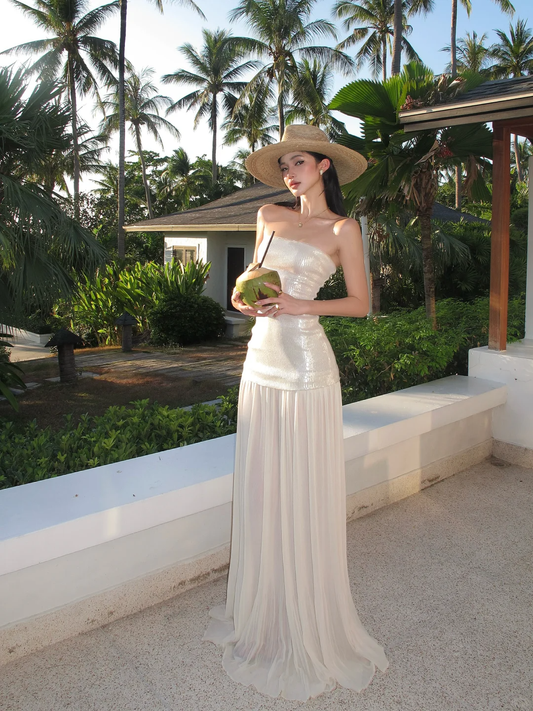 Romantic A Line Strapless White Sequin Chiffon Long Party Dress Evening Dress SH2914