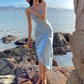 Simple Blue Sheath Spaghetti Strap Satin Open Back Prom Dress Party Dress SH4028