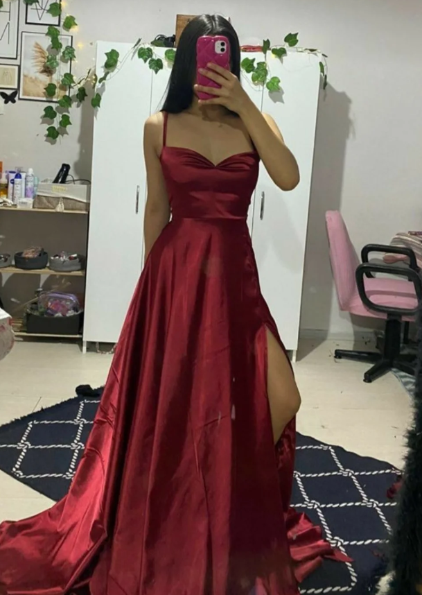 Simple Burgundy A Line Spaghetti Strap Satin Long Prom Dress Evening Dress with Slit SH7315