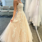 Simple Spaghetti Straps A-Line Lace Appliques Tulle Long Prom Dress KS7930