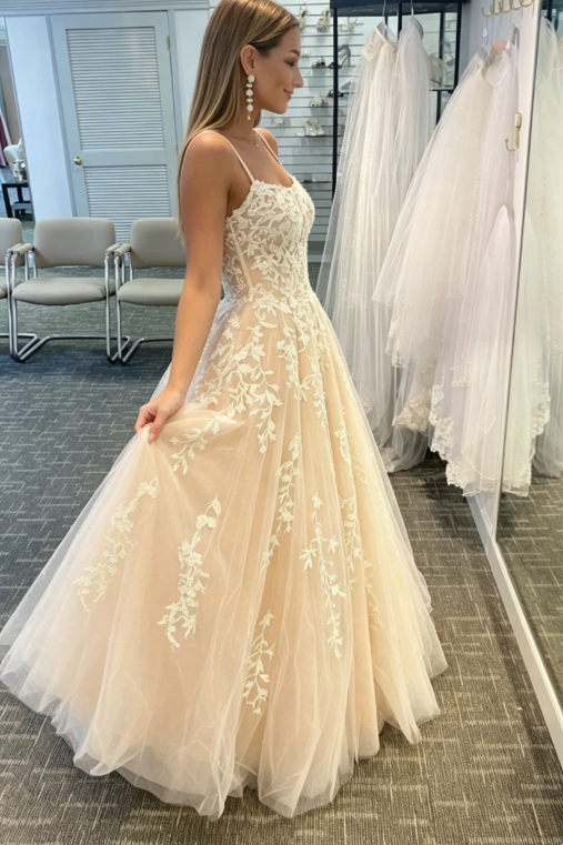 Simple Spaghetti Straps A-Line Lace Appliques Tulle Long Prom Dress KS7930
