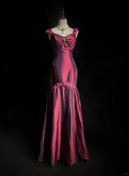 Retro Burgundy Mermaid Straps Appliques Satin Prom Dress Evening Dress SH3330