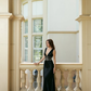 Elegant A Line V Neck Beaded Black Satin Long Prom Dress Party Dress SH5068