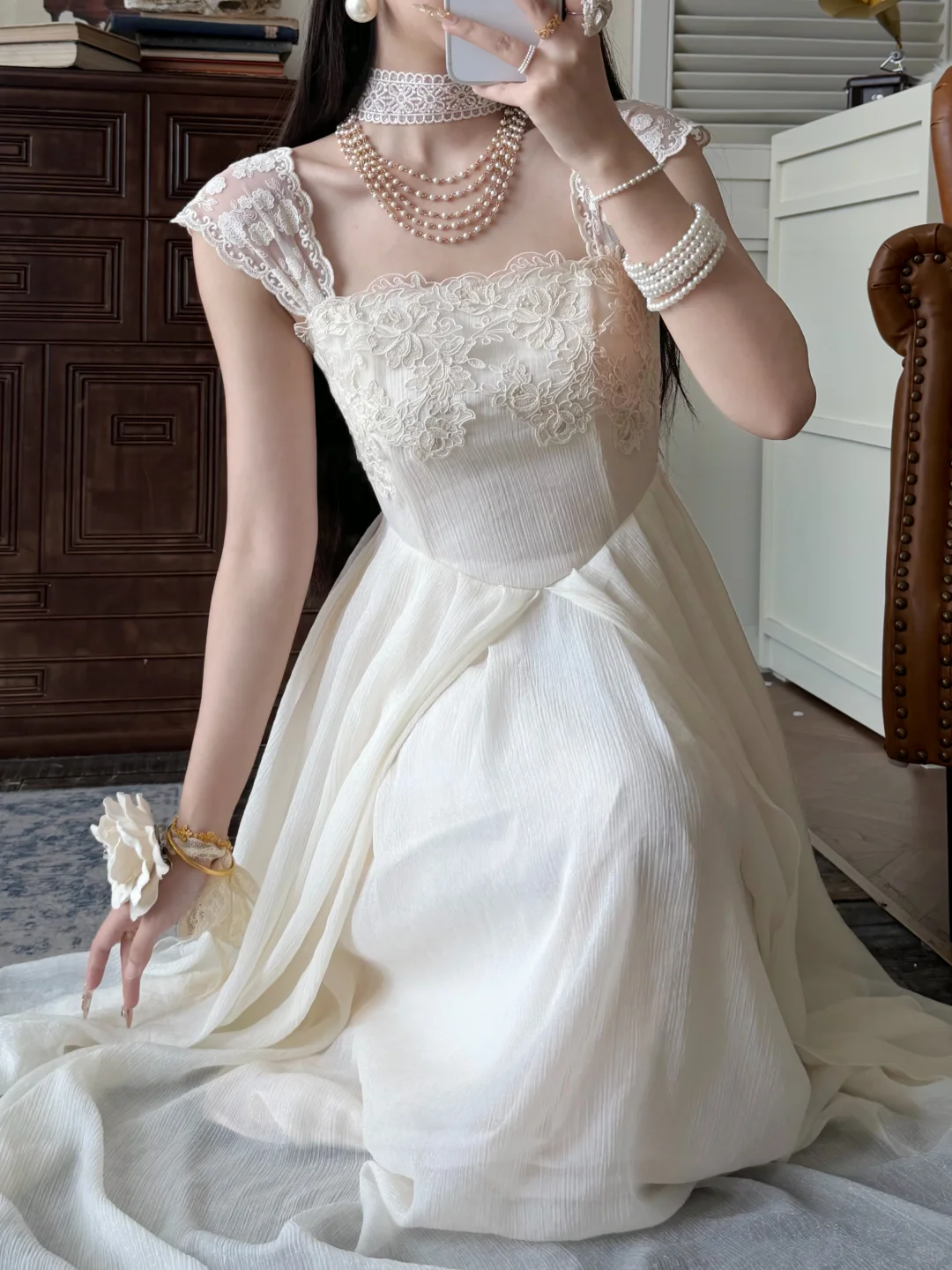 Gentle White A Line Straps Lace Chiffon Prom Dress Evening Dress SH6767