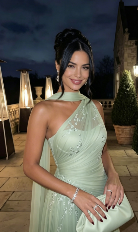 Sage Green A Line One Shoulder Embroidery Chiffon Prom Dress Evening Dress SH5620