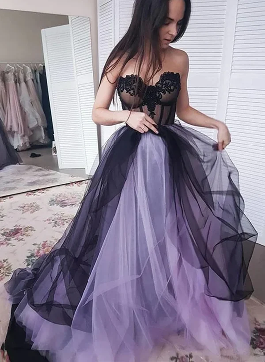 Purple And Black Sweetheart Tulle Long Party Evening Dress Prom Dress SH1154