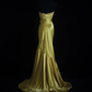 Vintage Mermaid Strapless Beaded Olive Green Satin Prom Dress Wedding Guest Dress SH5334