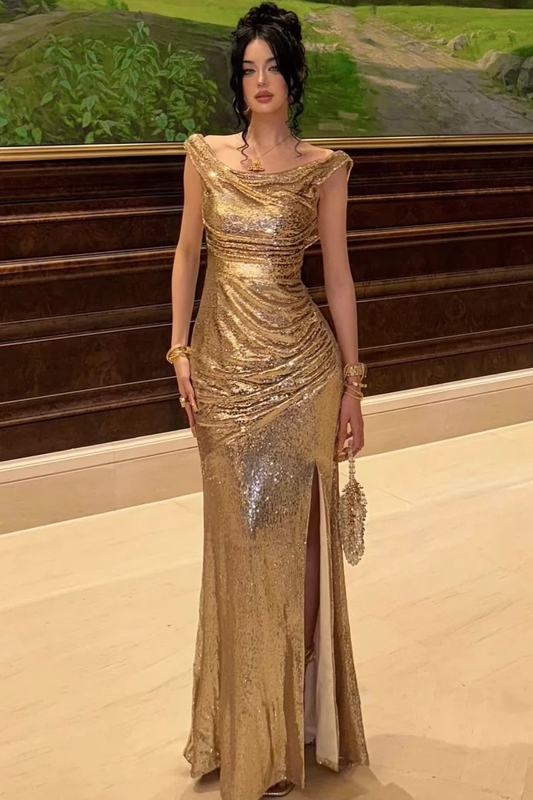 Shiny Mermaid Gold Sequin Long Prom Dress Cocktail Dress with Slit SH3212