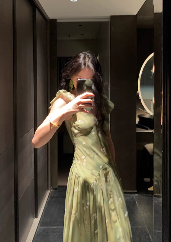 Green Gentle A Line Straps V Neck Print Floral Chiffon Prom Dress Party Dress Outfits SH5060