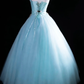 Vintage Blue A Line Strapless Pleated Beaded Satin Tulle Long Graduation Prom Dress SH5288