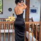 Charming Sheath Strapless Black Satin Long Prom Dress Evening Dress SH2049