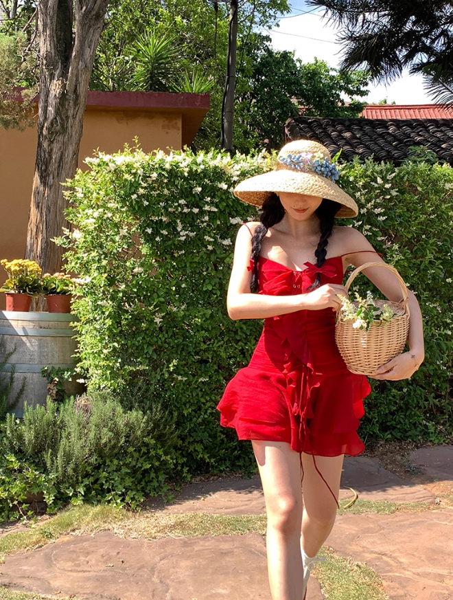 Bright Red A Line Spaghetti Strap Ruffle Chiffon Short Homecoming Dress Vacation Dress SH4154