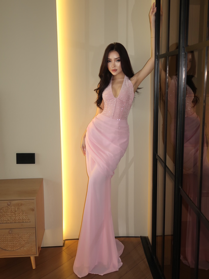Gentle Pink Mermaid Halter Sequin Beaded Chiffon Prom Dress Evening Dress SH8558