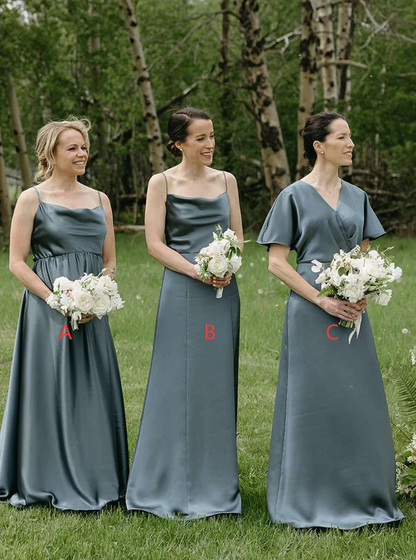 Grey Silk Satin Mismatched Elegant Long Bridesmaid Dresses SH5576