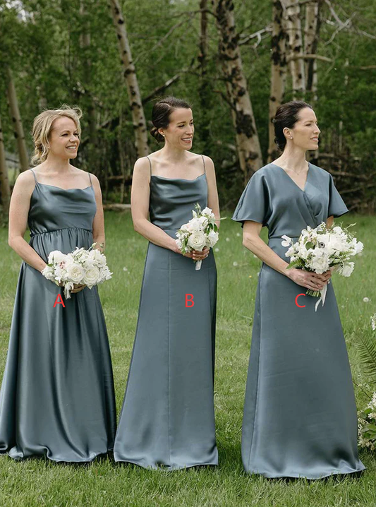 Grey Silk Satin Mismatched Elegant Long Bridesmaid Dresses SH5576