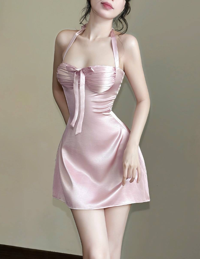 Sexy Pink A Line Halter Satin Short Open Back Homecoming Dress SH4787