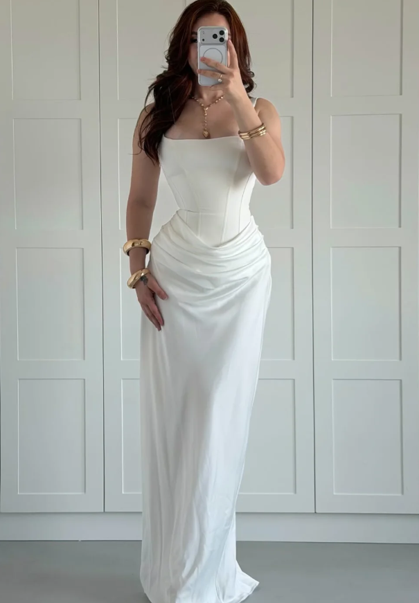 High-class Sheath Straps White Satin Long Prom Dress Evening Dress SH7294