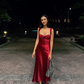Burgundy Elegant A Line Spaghetti Strap Lace Satin Long Prom Dress 18th Birthday Dress SH4515