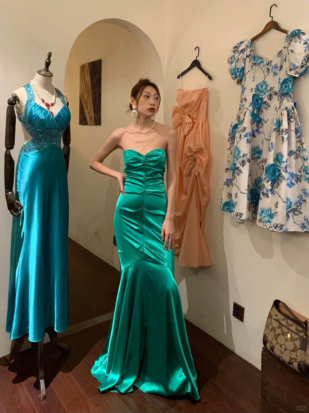 Vintage Mermaid Sweetheart Neck Pleated Green Satin Long Party Dress Cocktail Dress SH2946