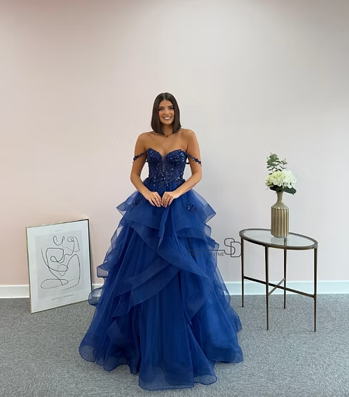 Navy Blue A Line Off the Shoulder Beaded Ruffle Tulle Long Prom Dress Evening Dress SH8817