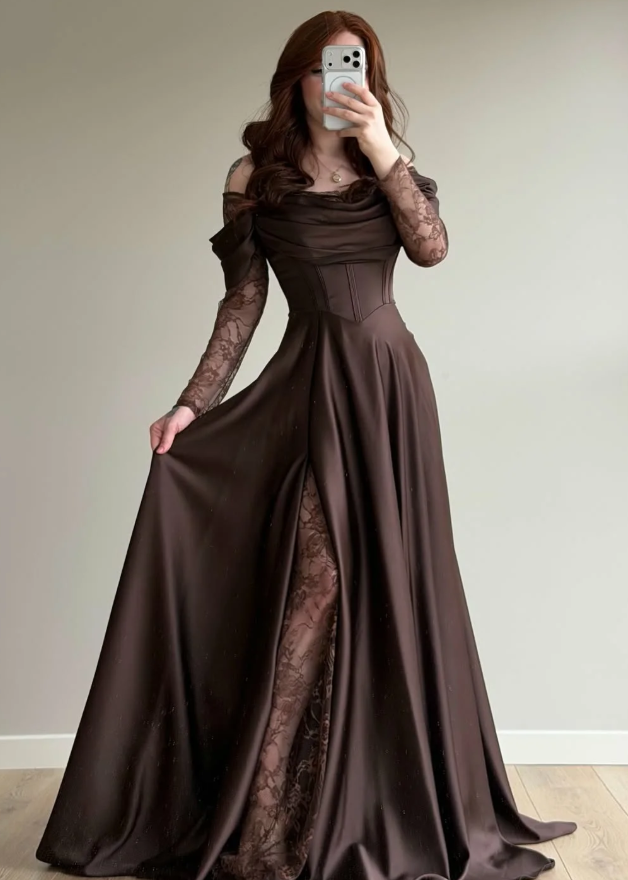 Elegant Brown A Line Long Sleeve Lace Satin Prom Dress Wedding Guest Dress SH5394