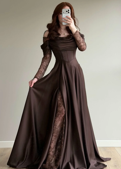 Elegant Brown A Line Long Sleeve Lace Satin Prom Dress Wedding Guest Dress SH5394