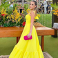 Cute A Line Straps Bow Yellow Satin Long Prom Dress Evening Dress SH2057