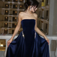 Pretty Navy Blue A Line Strapless Beaded Velvet Satin Long Prom Dress Wedding Guest Dress SH5406