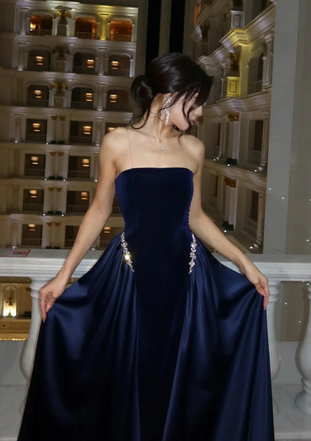 Pretty Navy Blue A Line Strapless Beaded Velvet Satin Long Prom Dress Wedding Guest Dress SH5406