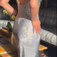 Vintage Sheath Spaghetti Strap Lace Baby Blue Satin Party Dress Evening Dress with Slit SH3346