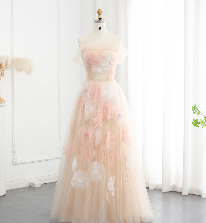 Dreamy A Line Off the Shoulder 3D Flower Tulle Prom Dress Evening Dress SH2379