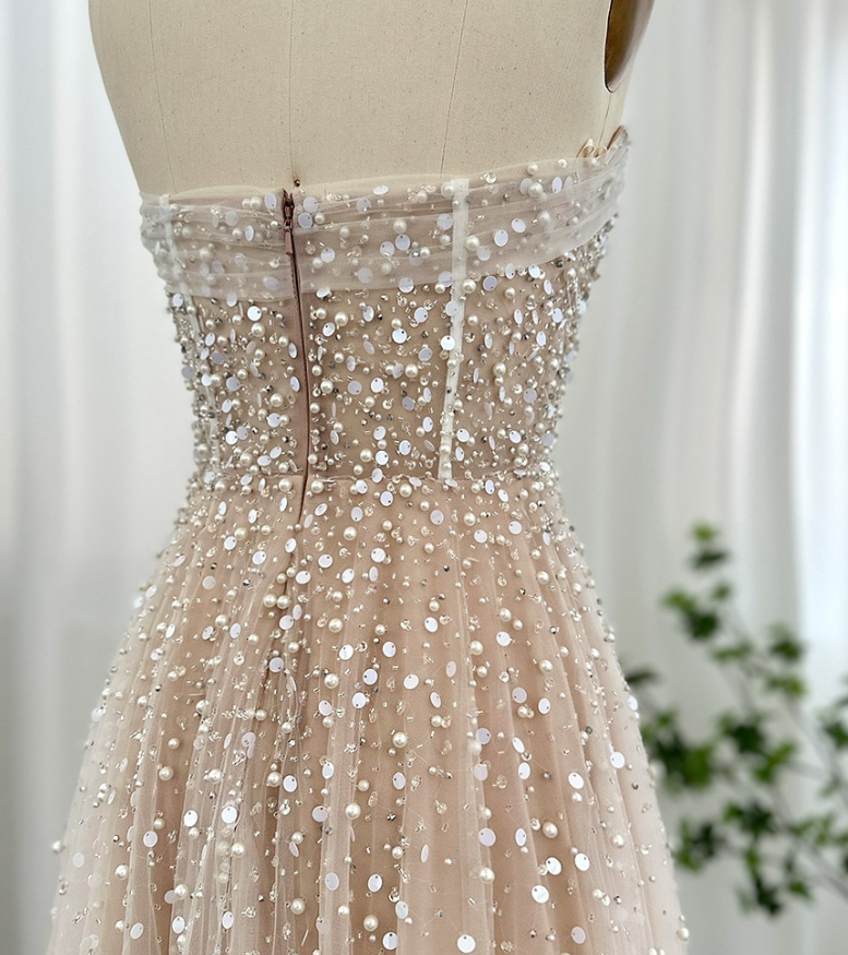 Elegant A Line Strapless Sequin Pearl Beaded Tulle Long Prom Dress Evening Dress SH1940