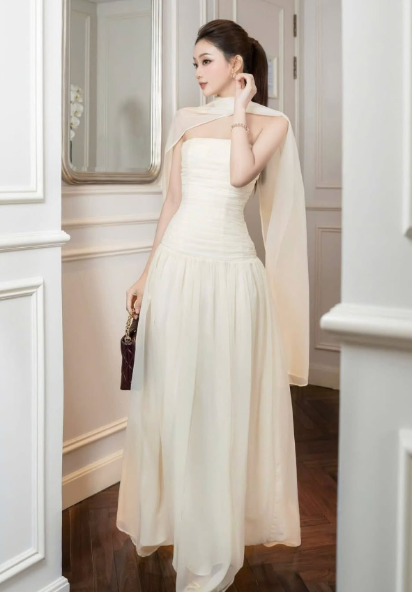 Simple Light Apricot A Line Strapless Chiffon Long Prom Dress Date Dress SH4676