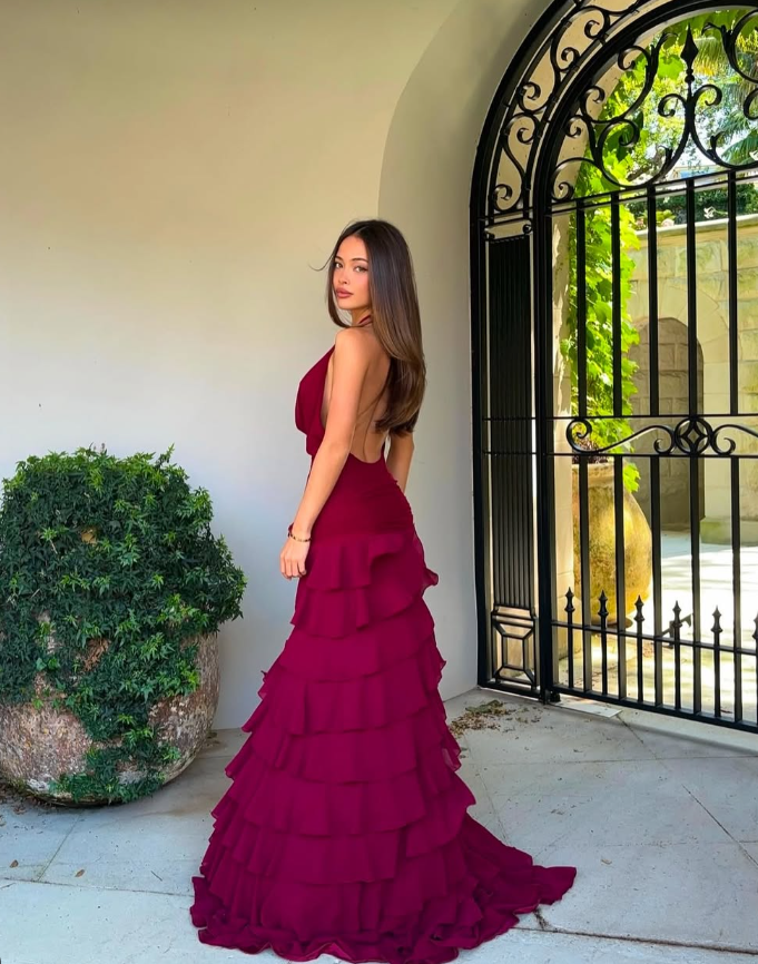 Pretty A Line V Neck Layered Chiffon Open Back Prom Dress Evening Dress SH4041