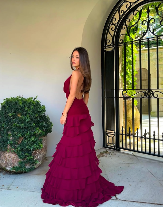 Pretty A Line V Neck Layered Chiffon Open Back Prom Dress Evening Dress SH4041