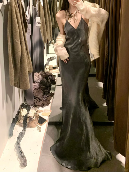 Grey Mermaid Spaghetti Straps Simple Satin Long Prom Dress Party Dress SH5019