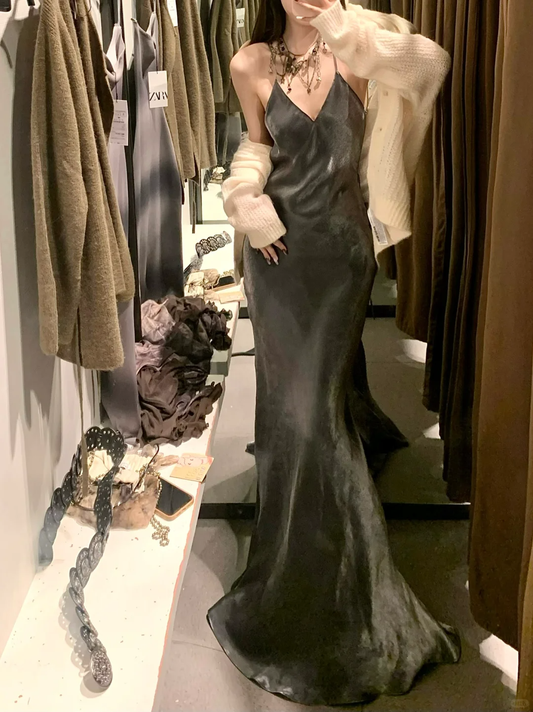 Grey Mermaid Spaghetti Straps Simple Satin Long Prom Dress Party Dress SH5019